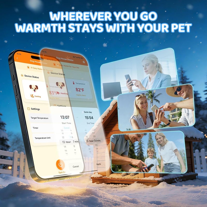 briidea WiFi Dog House Heater 400W with LoRa Technology Up to 1200ft Long Range, 3s Fast PTC Heating, Adjustable 32–122°F for 120 Cu Ft, 11.5ft Anti-Chew Cord, 2.4 & 5GHz Dual-Band WiFi - Image 2